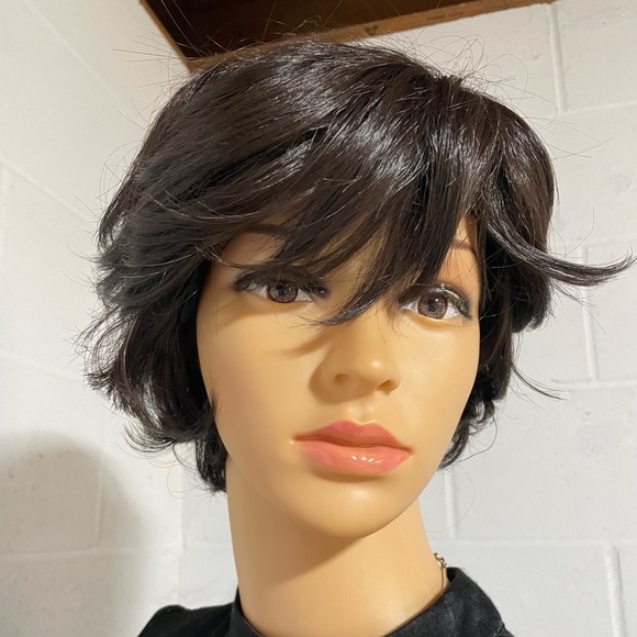 NWT 9” BROWNBLACK almost black darkest brown short side part natural unisex wig - Picture 3 of 16